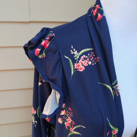 Isaac Liev Dark Blue Floral Print Cardigan Top Open-Front Long Sleeves Ruffle - Picture 5 of 11